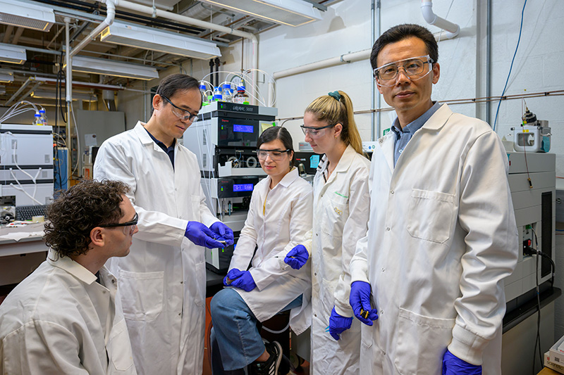 In UD’s Mass Spectrometry Lab, led by Zhihao Zhuang (right), professor of chemistry and biochemistry, they’re working to develop a blood test for Alzheimer’s, supported by the DCF grant. Pictured here, Zhuang is with (L to R) Matthew Marino, a biochemistry doctoral student; Yanbao Yu, director of proteomics; Zeinab Moafian, a biochemistry doctoral student; and Amanda Sensi, a chemical biology doctoral candidate. In UD’s Mass Spectrometry Lab, led by Zhihao Zhuang (right), professor of chemistry and biochemistry, they’re working to develop a blood test for Alzheimer’s, supported by the DCF grant. Pictured here, Zhuang is with (L to R) Matthew Marino, a biochemistry doctoral student; Yanbao Yu, director of proteomics; Zeinab Moafian, a biochemistry doctoral student; and Amanda Sensi, a chemical biology doctoral candidate.